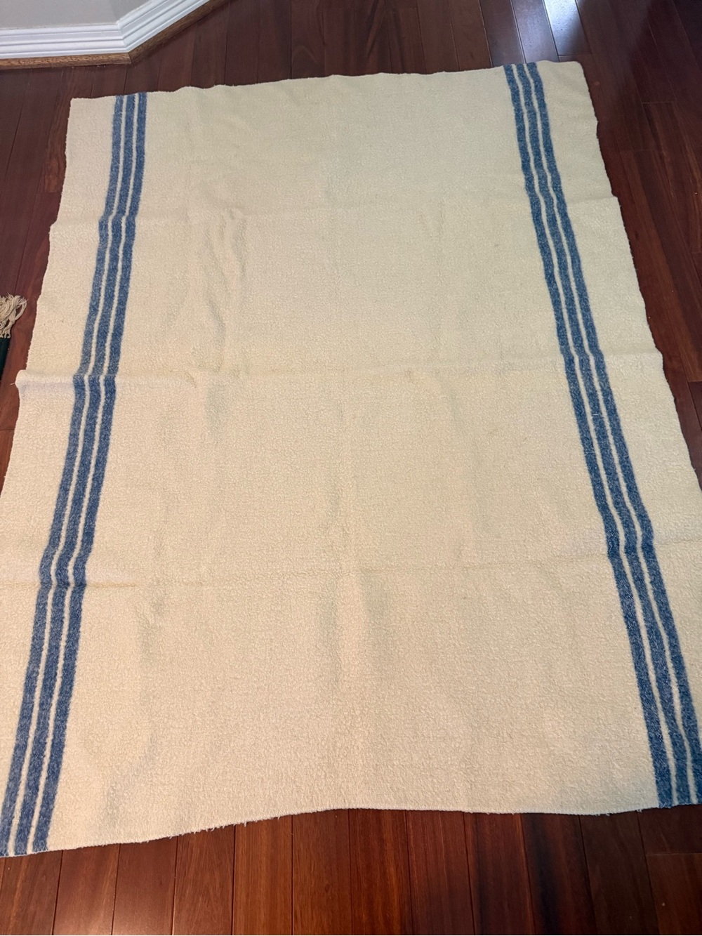 Wool Blanket Cream W Blue Grain Sack Stripes 48x64 In Throw
